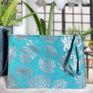 LAST RESTOCK 3PACK: TEAL metallic silver foil tropical print clutch wristlet bag